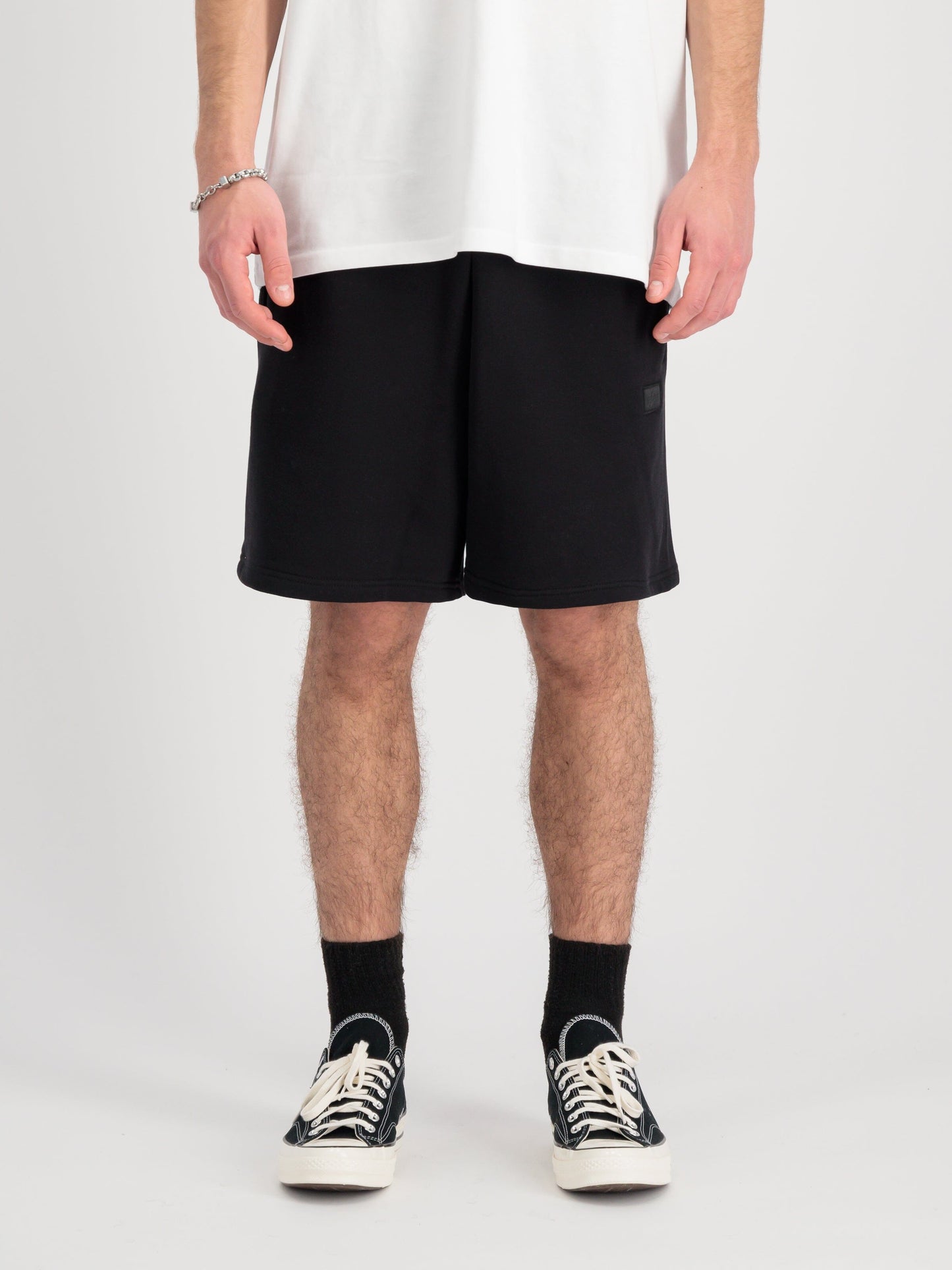 Alpha Essential Relaxed Short by Alpha Industries, black, relaxed fit, elastic waistband with drawcord, side pockets.