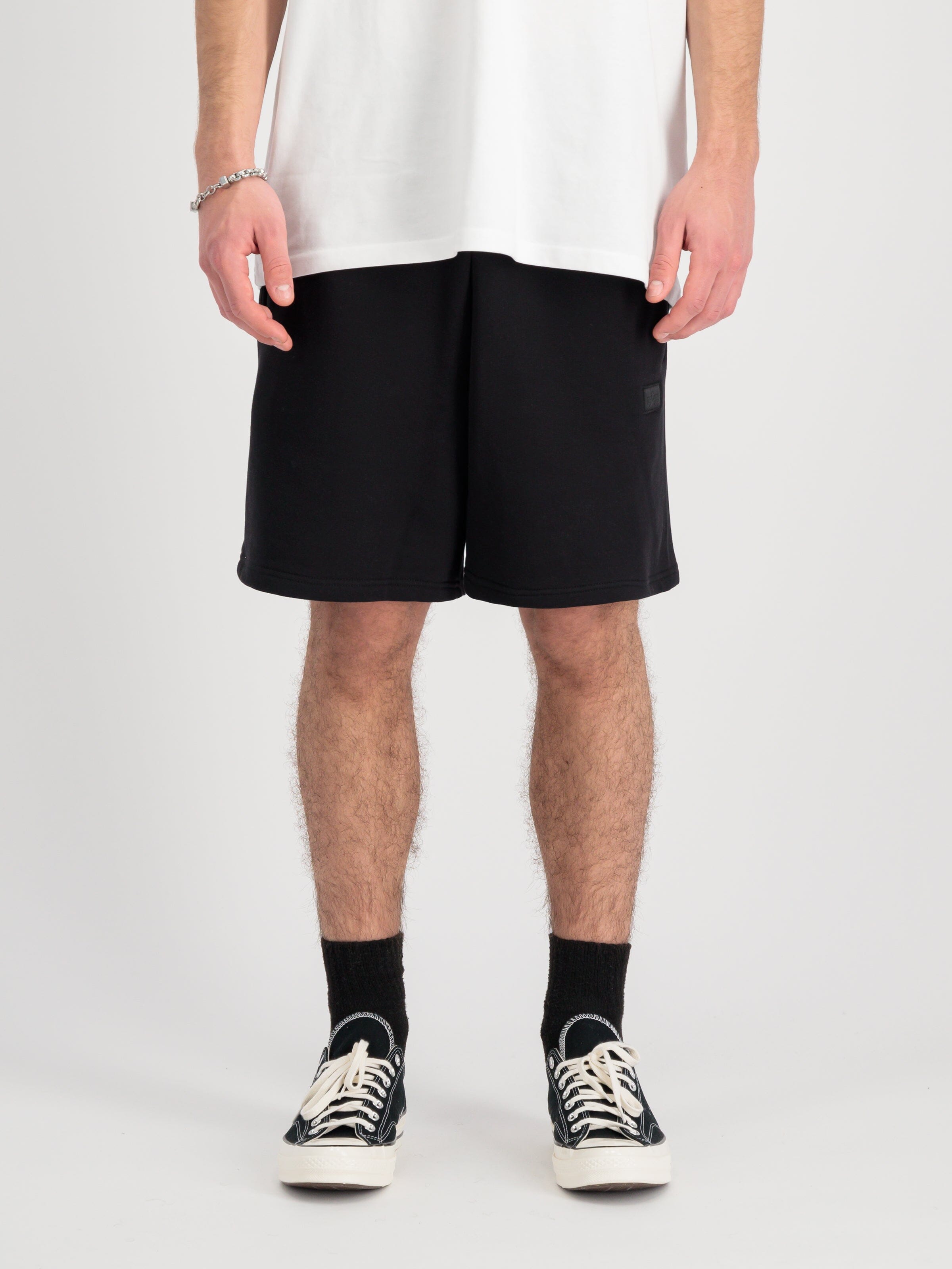 Alpha Essential Relaxed Short by Alpha Industries, black, relaxed fit, elastic waistband with drawcord, side pockets.