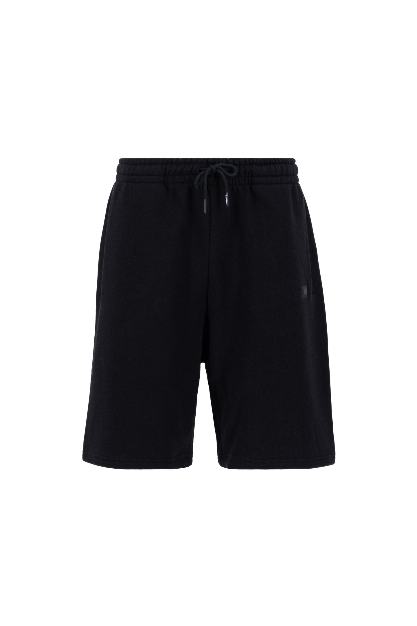 Alpha Essential Relaxed Short by Alpha Industries in black, cotton blend, knee-length, relaxed fit, elastic waistband with drawstring.