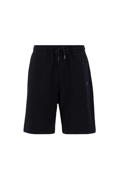 Alpha Essential Relaxed Short by Alpha Industries in black, cotton blend, knee-length, relaxed fit, elastic waistband with drawstring.