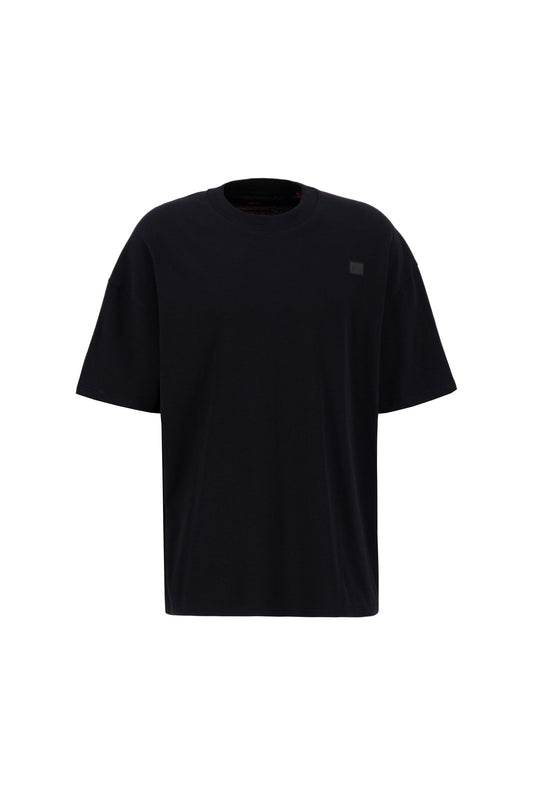 Alpha Essential Relaxed Tee by Alpha Industries, black cotton short-sleeve crew neck with small square black logo on left chest.