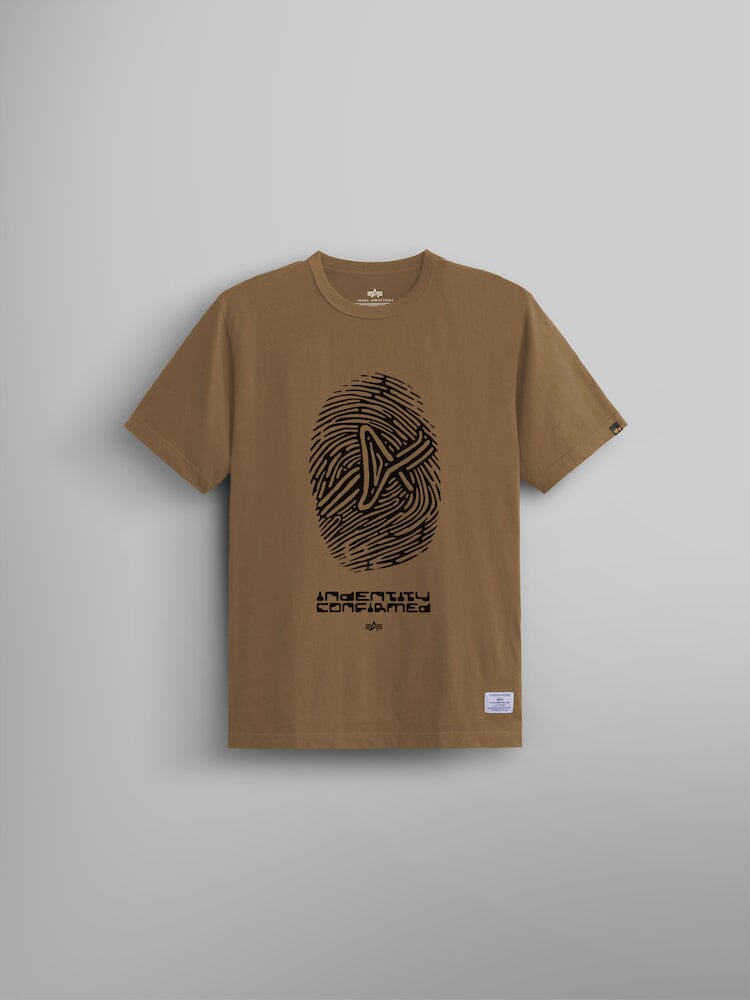 The Alpha Fingerprint Tee in coyote brown by Alpha Industries, featuring a unisex style with a fingerprint logo and "Identity Confirmed" text on the front, displayed against a plain gray background.
