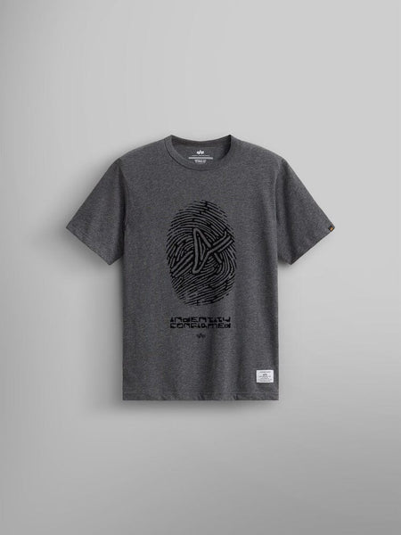 The Alpha Fingerprint Tee in dark charcoal heather is a unisex T-shirt from Alpha Industries featuring an Alpha fingerprint logo in black with a geometric design and the text "Identity Confirmed" on the front.