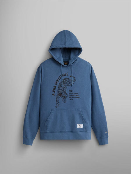 Alpha Jaguar Hoodie by Alpha Industries in Copen Blue, front pocket, jaguar graphic, Alpha Industries Knoxville, Tennessee Established 1959 on chest.