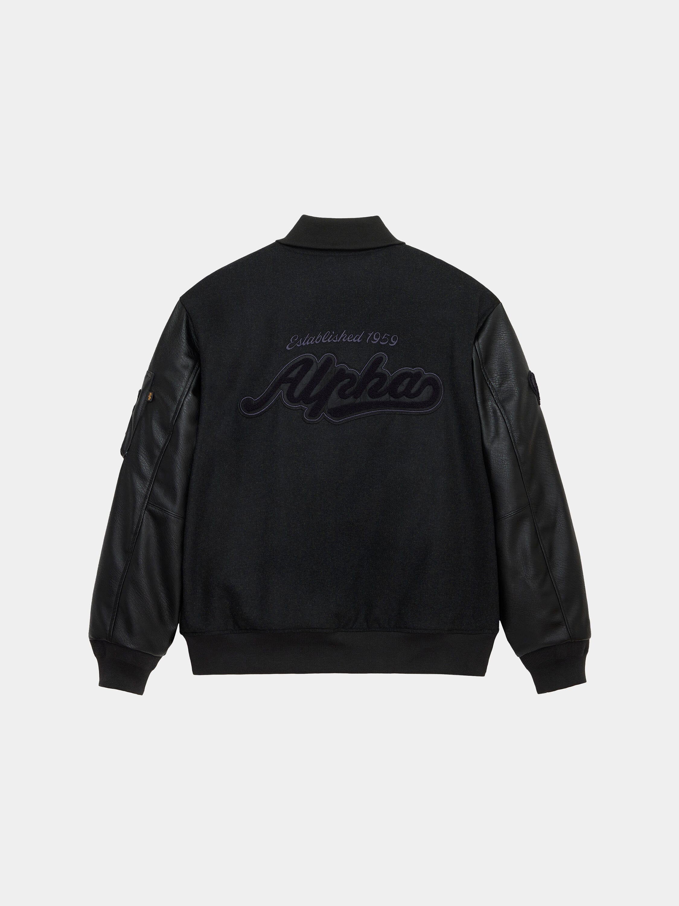 Alpha Letterman Jacket by Alpha Industries with wool-blend body, faux leather sleeves, and "Alpha Established 1959" on back.