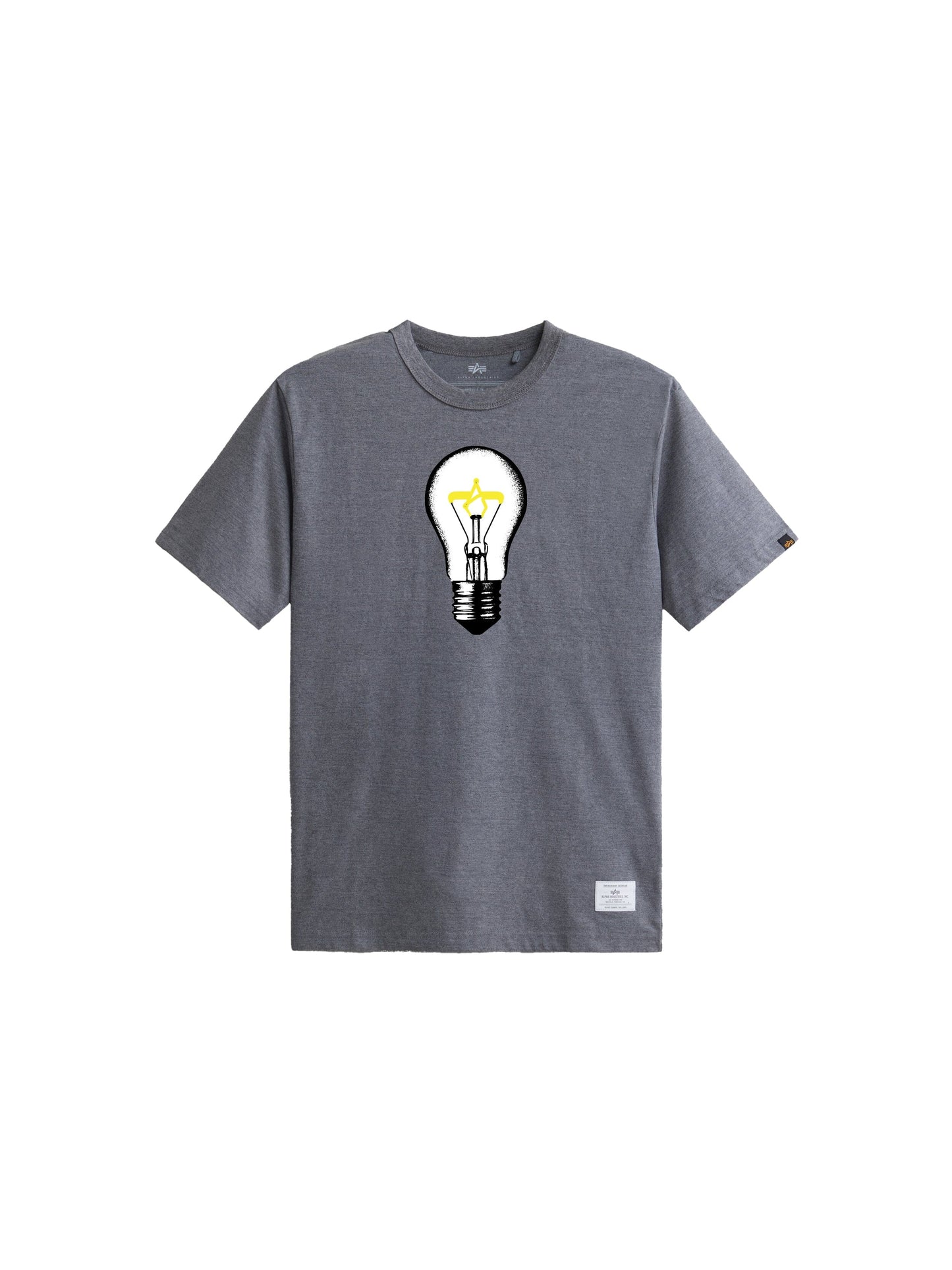 Alpha Industries Alpha Light Bulb Tee, Medium Charcoal Heather, lightbulb graphic with yellow glow and pencil effect on chest.