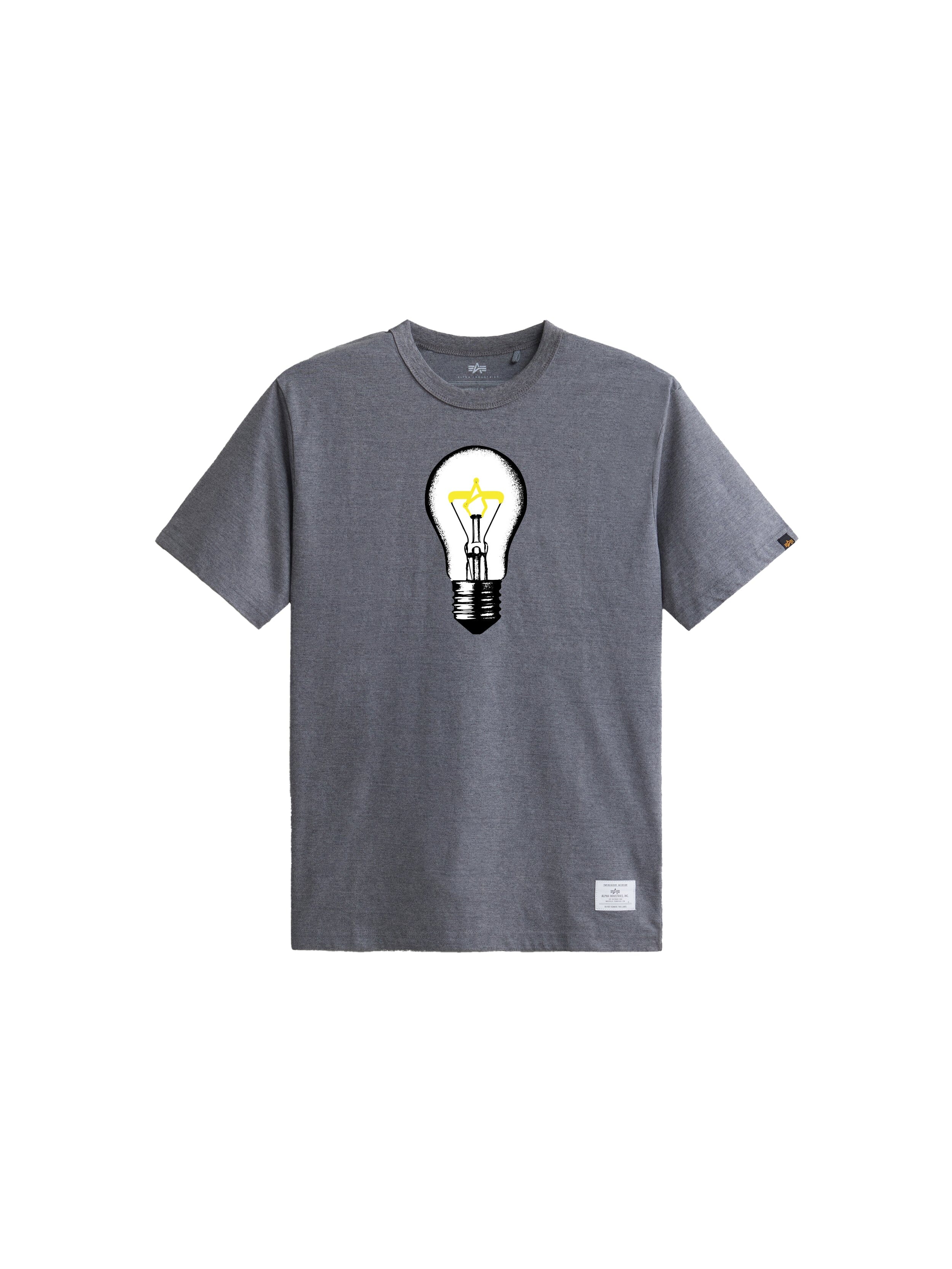 Alpha Industries Alpha Light Bulb Tee, Medium Charcoal Heather, lightbulb graphic with yellow glow and pencil effect on chest.