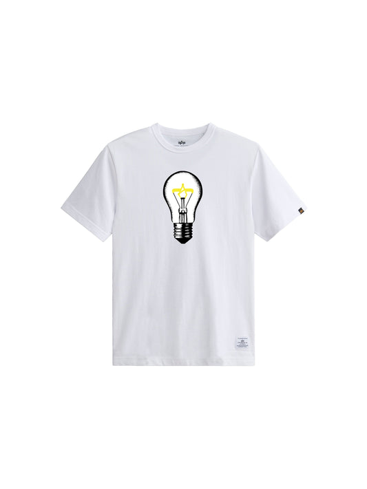 Alpha Light Bulb Tee by Alpha Industries, white, graphic tee with centered light bulb pencil effect design and ALPHA embroidery.