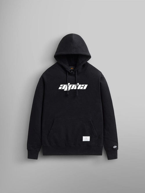 Alpha Logos Hoodie by Alpha Industries in black showcases the striking Alpha logo on the front, includes a kangaroo pocket and an adjustable drawstring hood, presented against a gray backdrop.
