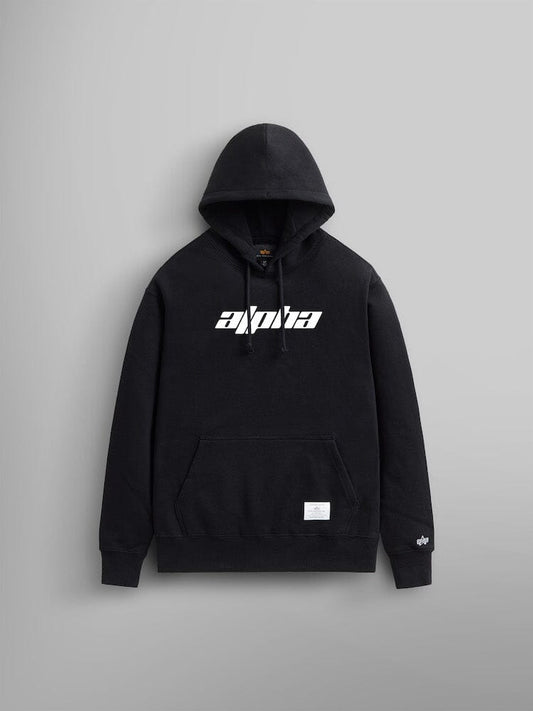 Alpha Logos Hoodie by Alpha Industries in black showcases the striking Alpha logo on the front, includes a kangaroo pocket and an adjustable drawstring hood, presented against a gray backdrop.