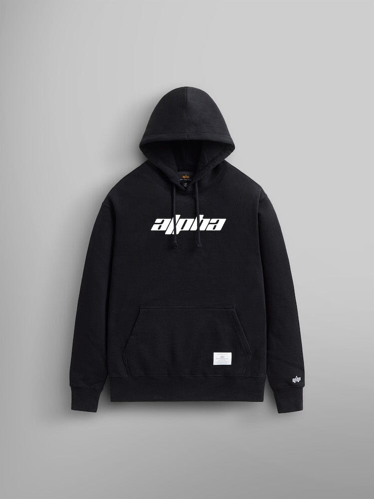 Alpha Logos Hoodie by Alpha Industries in black showcases the striking Alpha logo on the front, includes a kangaroo pocket and an adjustable drawstring hood, presented against a gray backdrop.