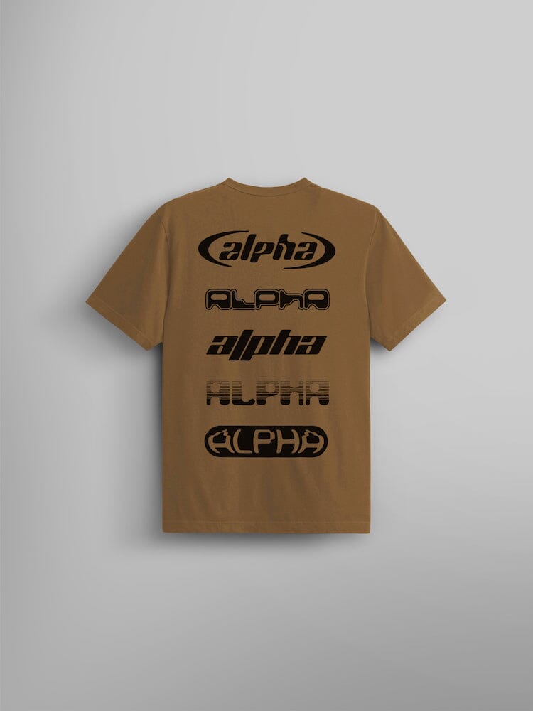 The Alpha Logos Tee by Alpha Industries showcases a stylish and distinctive design with five black Alpha logos in diverse fonts on the back.