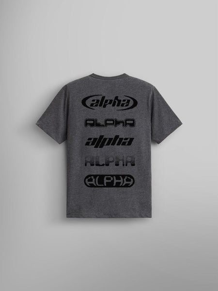 The Alpha Industries Alpha Logos Tee is a unisex gray T-shirt that features the iconic Alpha logo in a variety of fonts in black on the back.