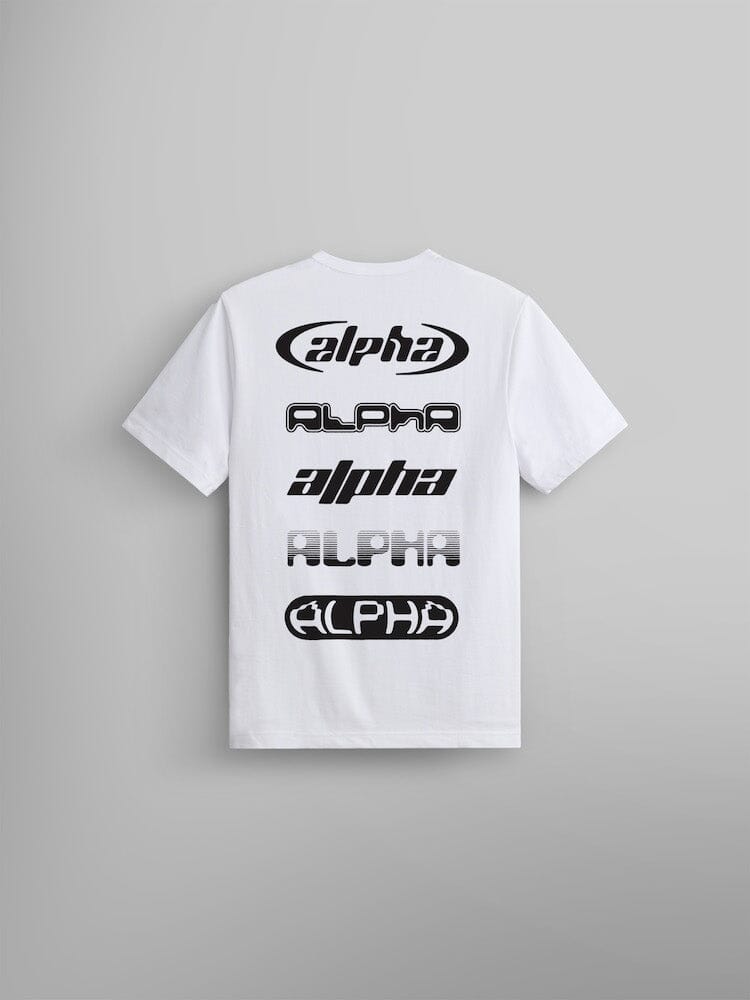The Alpha Logos Tee by Alpha Industries. This unisex white T-shirt showcases a variety of distinctive black Alpha logos on the back.