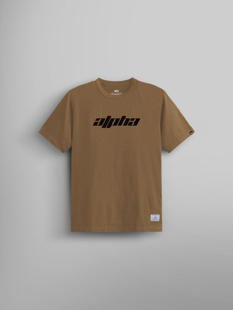 The Alpha Logos Tee from Alpha Industries, in coyote brown featuring the Alpha logo in bold black letters centered on the front.