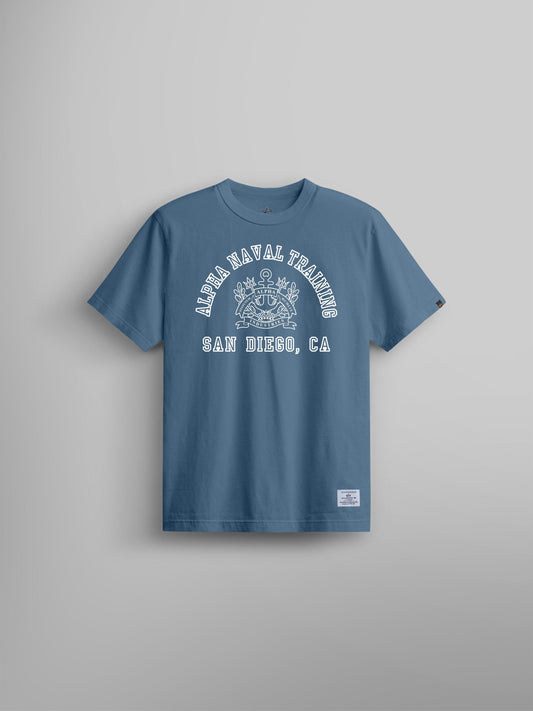 Alpha Industries Alpha Naval Base San Diego Tee, Copen Blue, white text and naval emblem on chest.