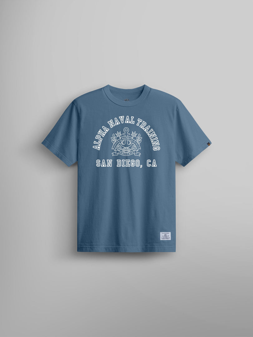 Alpha Industries Alpha Naval Base San Diego Tee, Copen Blue, white text and naval emblem on chest.