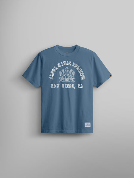 Alpha Industries Alpha Naval Base San Diego Tee, Copen Blue, white text and naval emblem on chest.