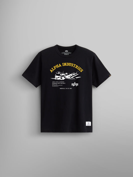 Alpha Plane Tee by Alpha Industries, black short-sleeve shirt with yellow brand text and Alpha plane graphic with white text on front.