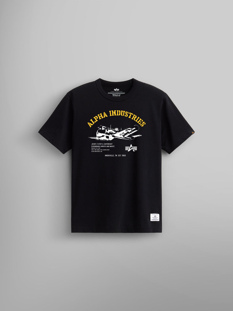 Alpha Plane Tee by Alpha Industries, black short-sleeve shirt with yellow brand text and Alpha plane graphic with white text on front.