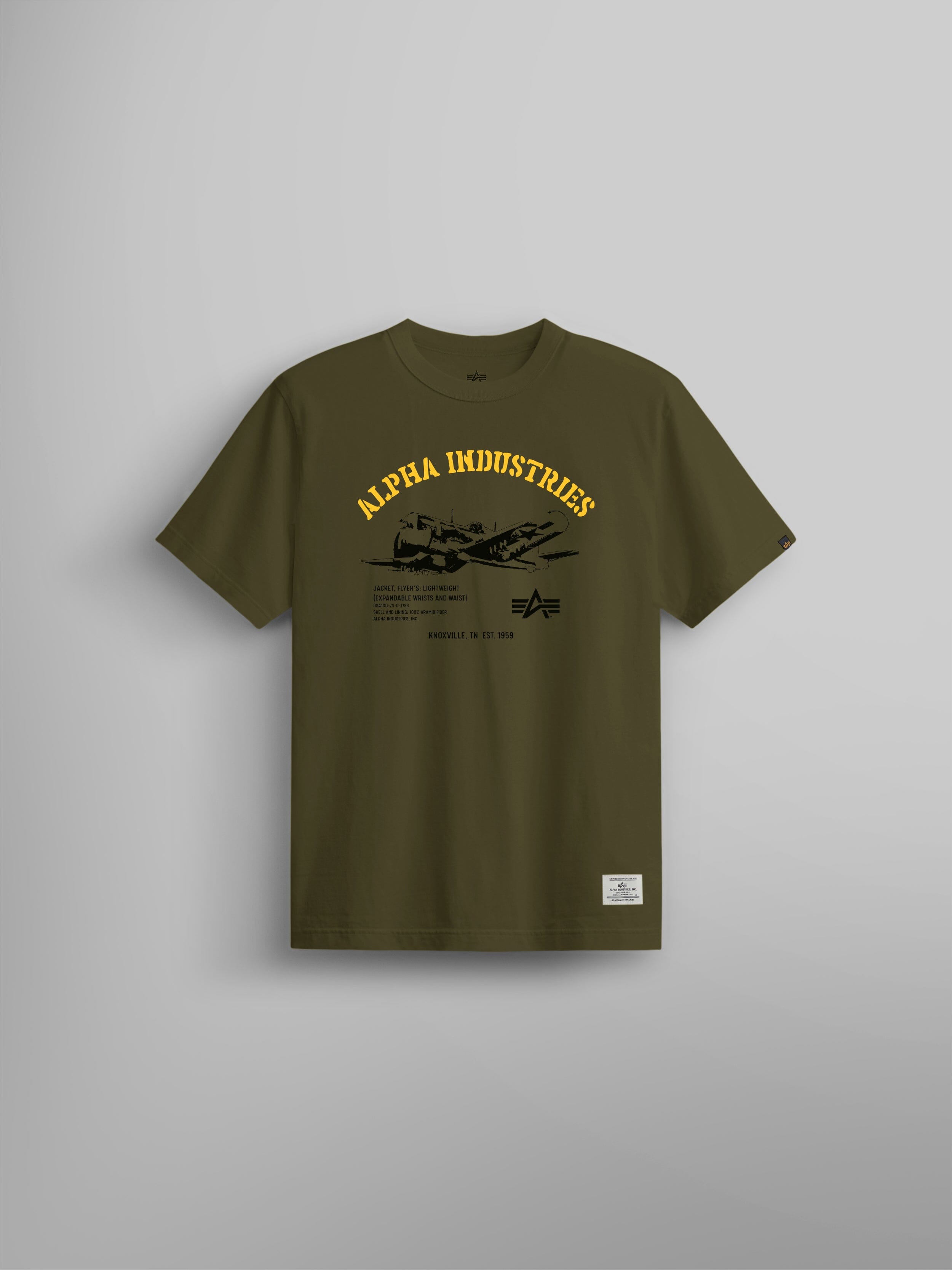 Alpha Plane Tee by Alpha Industries, olive T-shirt, aircraft graphic, yellow Alpha Industries text, black logos, bound neck, small white label.