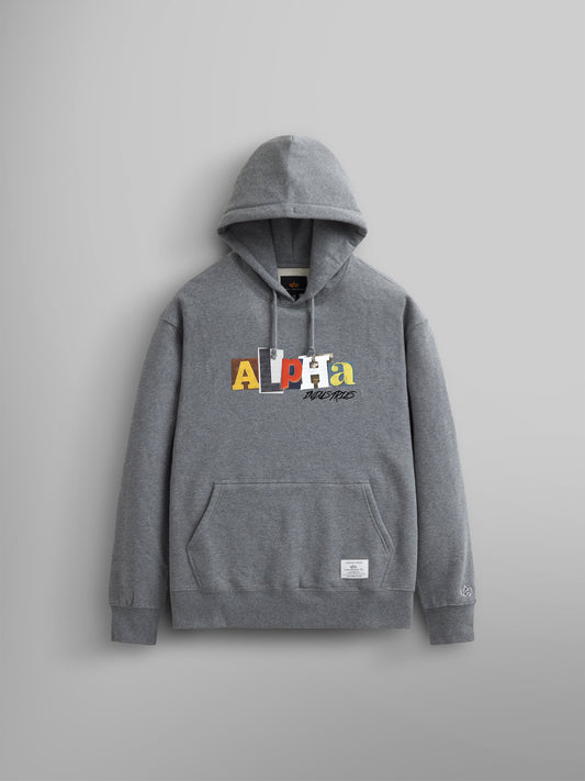 Alpha Ransom Hoodie by Alpha Industries in Medium Charcoal Heather with mixed-font Alpha Industries plastisol print on chest, front pocket, and small label near hem.