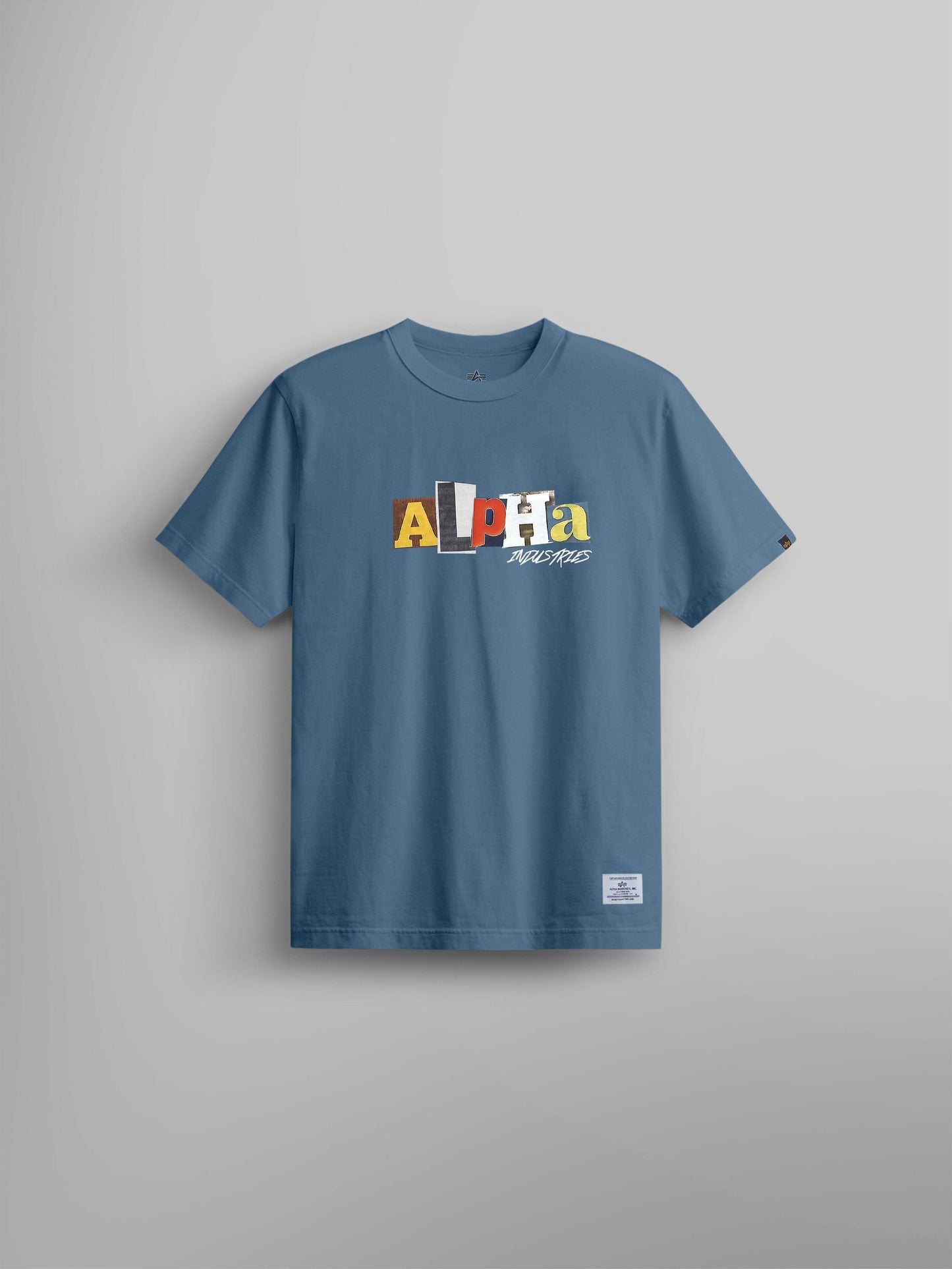 Alpha Ransom Tee by Alpha Industries in Copen Blue with Alpha Indtec colorful cut-out style plastisol print across the chest.