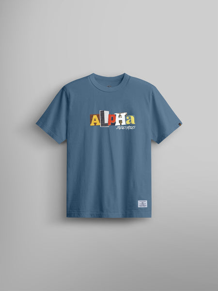 Alpha Ransom Tee by Alpha Industries in Copen Blue with Alpha Indtec colorful cut-out style plastisol print across the chest.