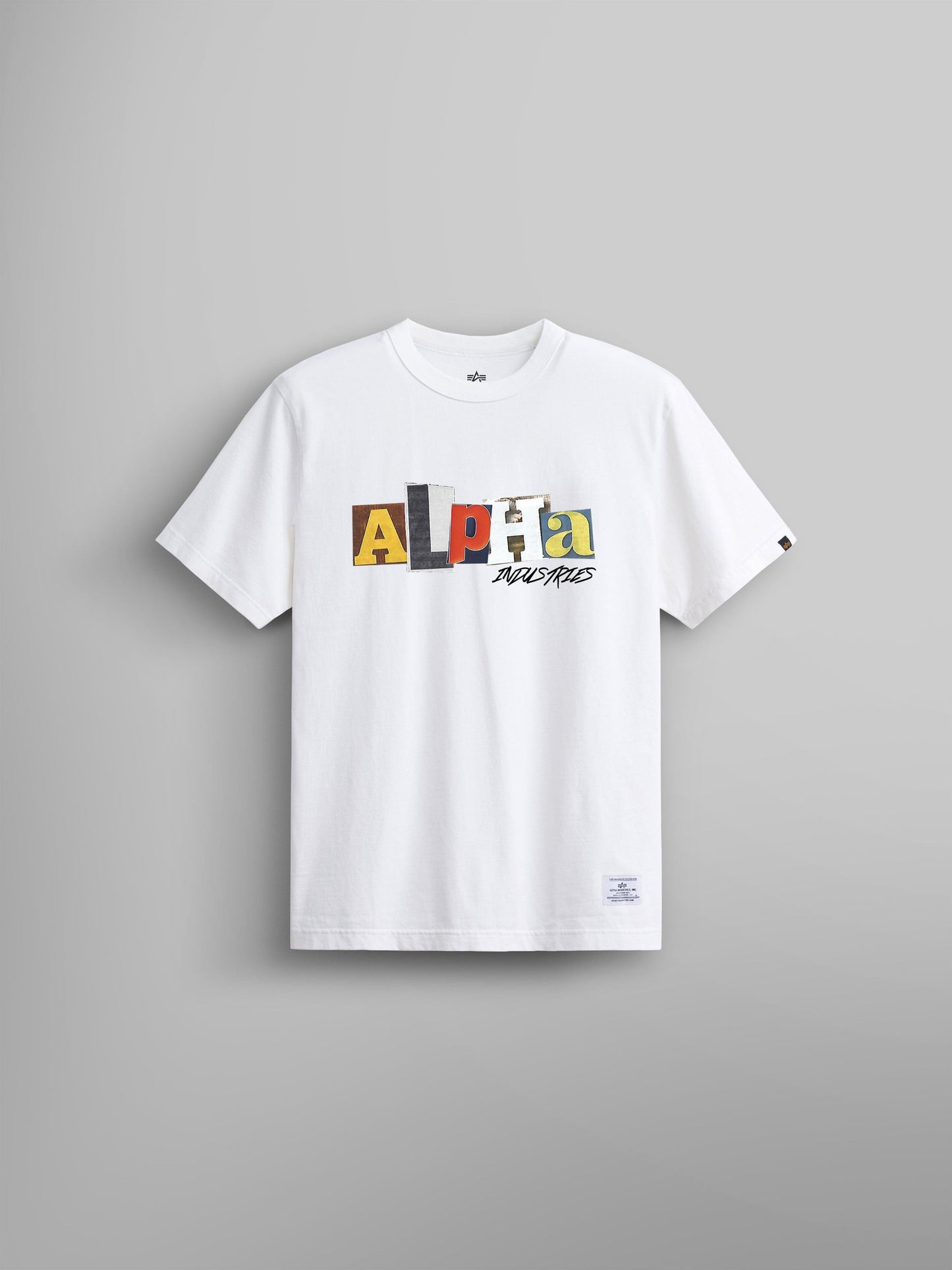 Alpha Ransom Tee by Alpha Industries, white shirt with colorful plastisol Alpha Industries graphic on front.