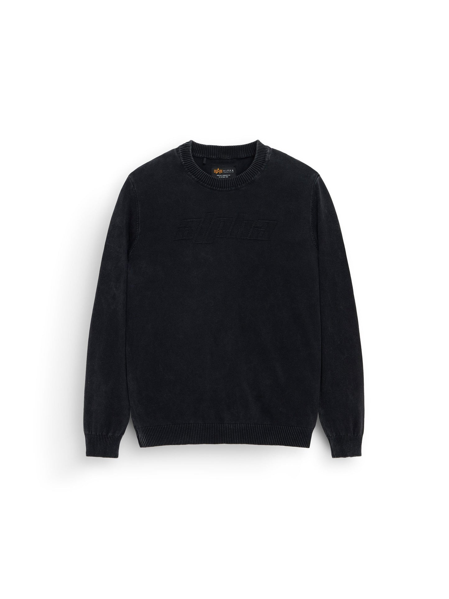 Alpha Sweater by Alpha Industries, black cotton long-sleeve crewneck with ribbed cuffs and hem.
