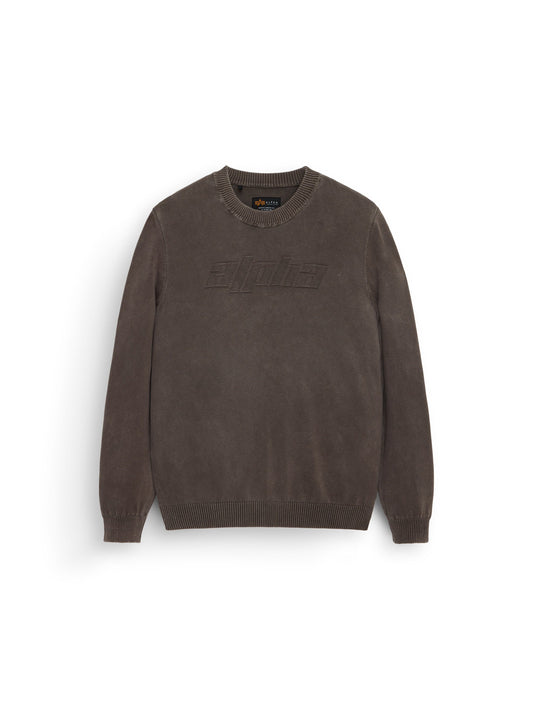 Alpha Sweater by Alpha Industries, chocolate crewneck in cotton with ribbed cuffs and hem, relaxed fit, alpha embossed on chest.