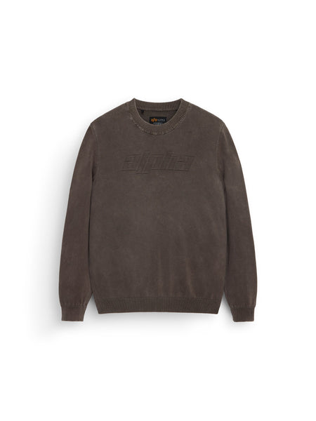 Alpha Sweater by Alpha Industries, chocolate crewneck in cotton with ribbed cuffs and hem, relaxed fit, alpha embossed on chest.