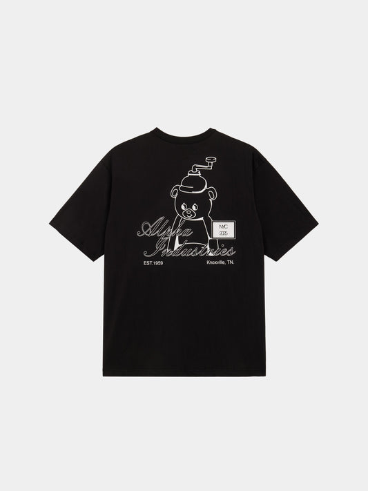 Alpha Toy Bear Tee by Alpha Industries in black, 100% cotton, features a white outline bear with machinery details and graphics.