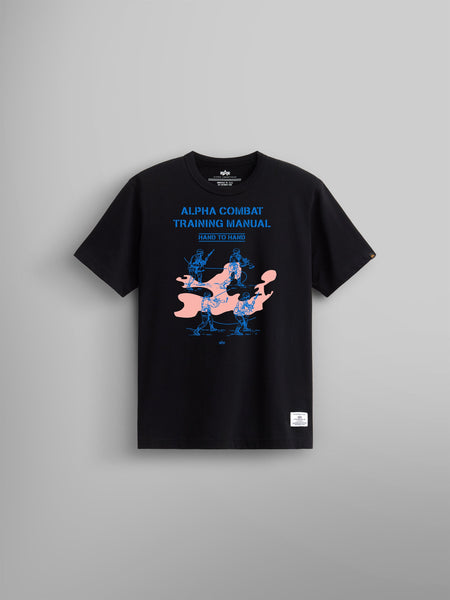 Alpha Training Manual Tee by Alpha Industries, black t-shirt with blue and pink fighter graphics and Alpha Combat Training Manual on the chest.