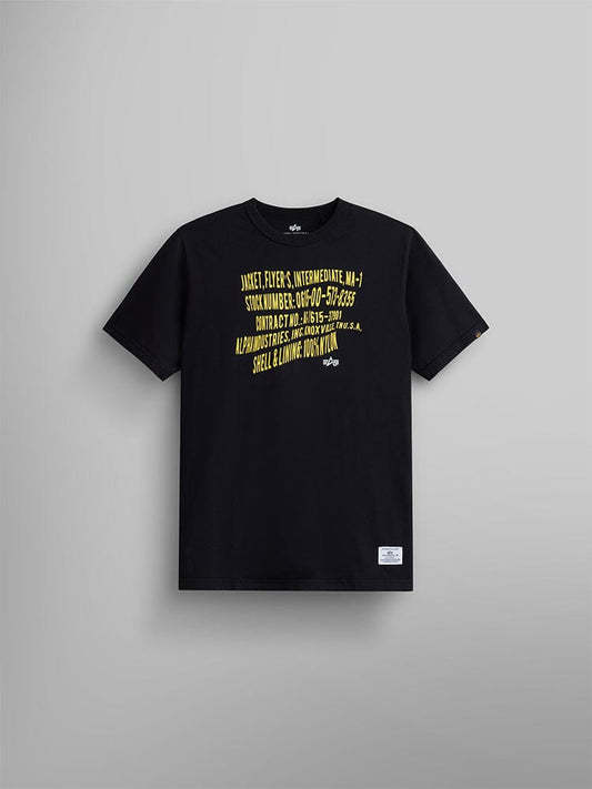 Alpha Warped Label Tee by Alpha Industries, black short-sleeve t-shirt with yellow diagonal text on front and white MA-1 warped label near bottom hem.