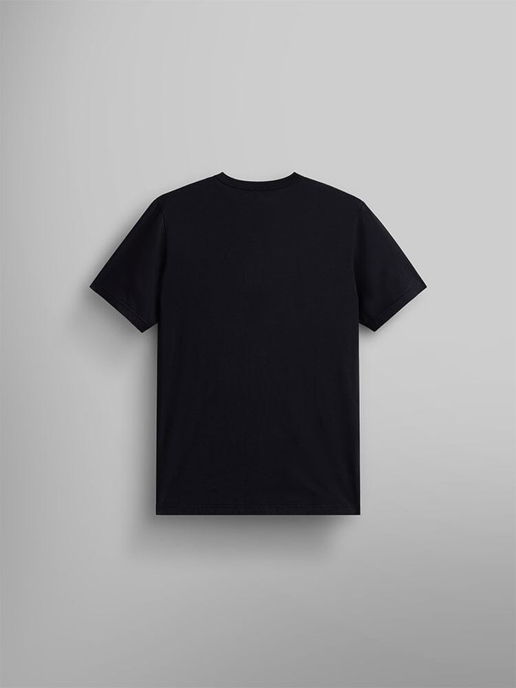 Warped Label Tee by Alpha Industries, black short-sleeve shirt, cotton material, MA-1 woven label on back.