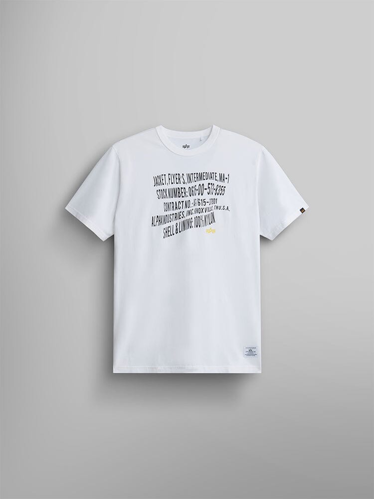 Alpha Warped Label Tee by Alpha Industries, white, black and yellow diagonal Alpha label print.