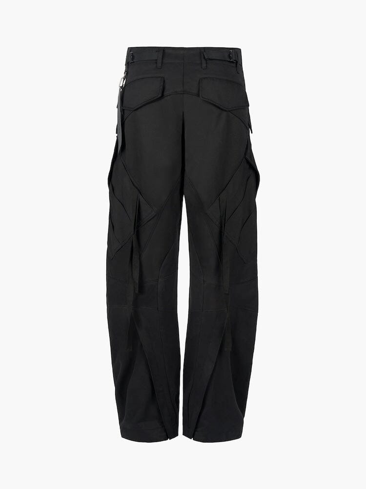 Alpha X Jiyong Kim Curved Multi Pocket Trouser by Alpha Industries, multiple pockets, angular seams, belt loops, curved silhouette.