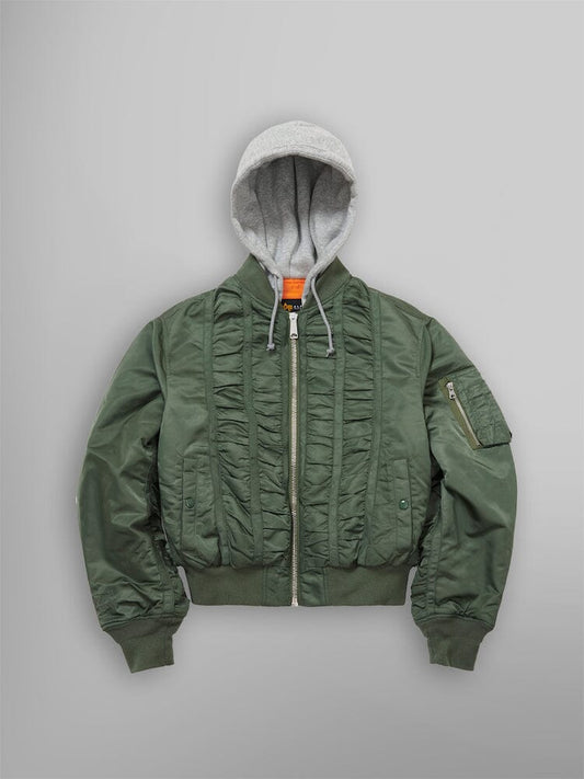 ALPHA X MADEME HOODED RUCHED MA-1 BOMBER JACKET OUTERWEAR Alpha Industries GREEN XS 