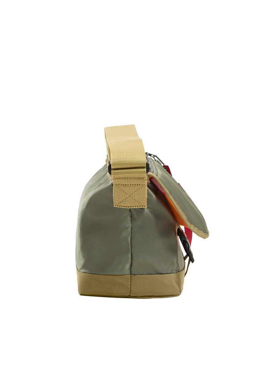 Alpha X Manhattan Portage Nylon Messenger Bag Sm by Alpha Industries, flight nylon, green body, yellow strap, tan base, visible zipper and buckle.
