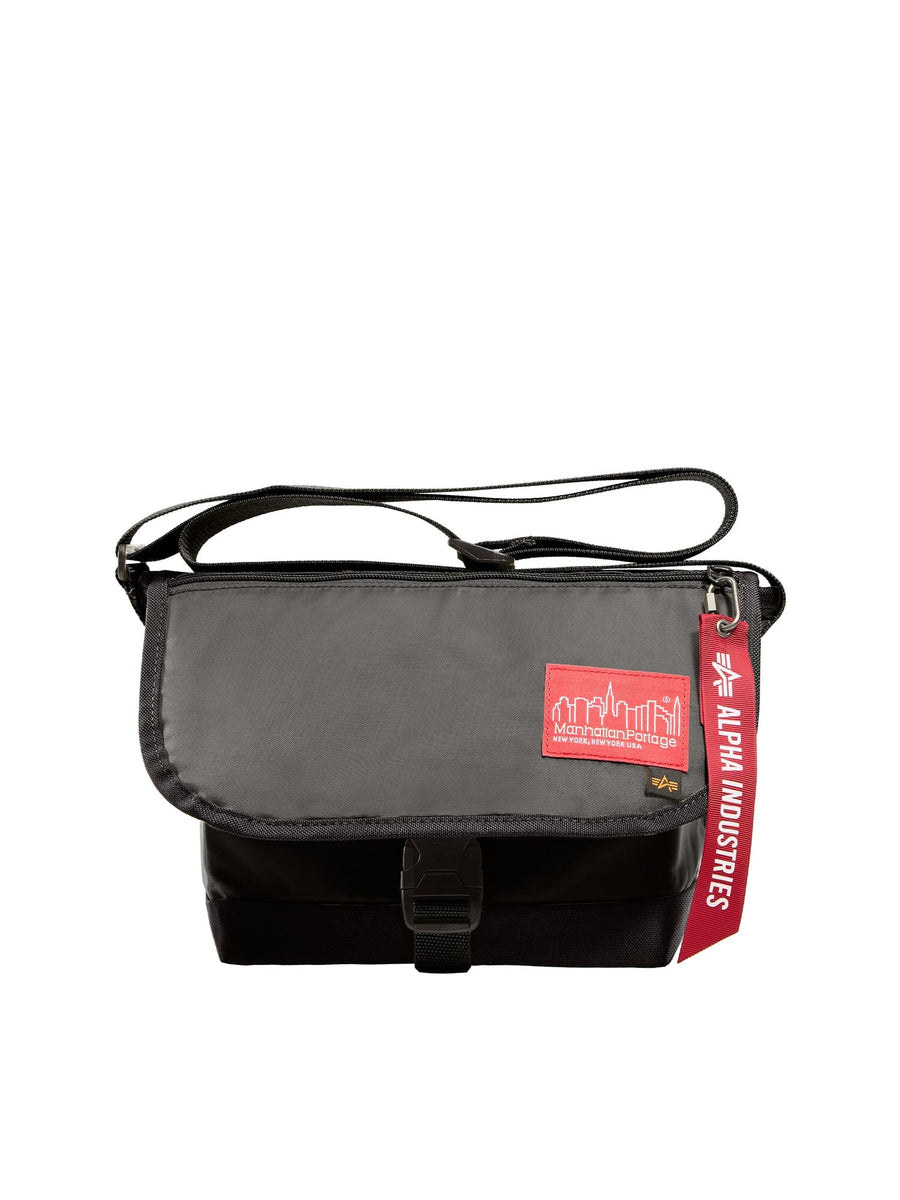 Alpha X Manhattan Portage Nylon Messenger Bag Sm by Alpha Industries, black and gray, red patch, shoulder strap, attached keychain, flight nylon.