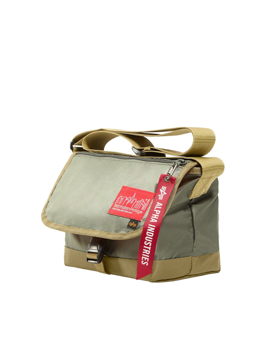 Alpha X Manhattan Portage Nylon Messenger Bag Sm by Alpha Industries, khaki and beige flight nylon, front flap, red Alpha Industries zipper tag, red patch on front.
