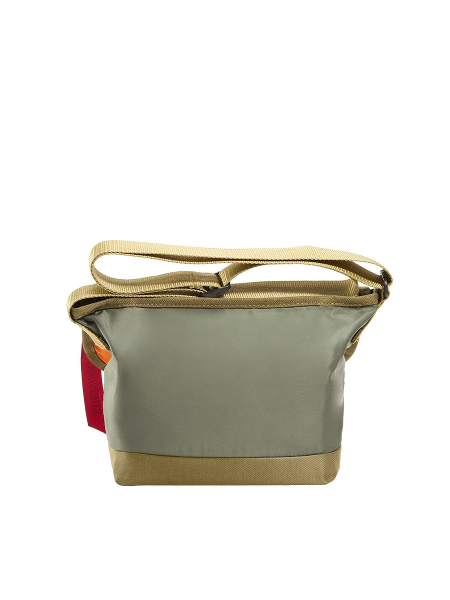 Alpha X Manhattan Portage Nylon Messenger Bag Sm by Alpha Industries, olive green with matching adjustable strap, tan bottom, red side tag, flight nylon.