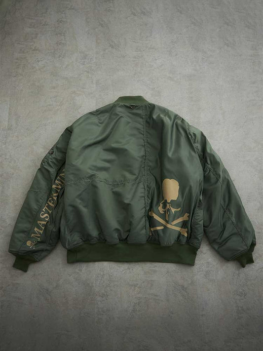Alpha Industries Ma-1 Bomber Jacket, green, gold skull and MASTERMIND text on back, made in Japan.