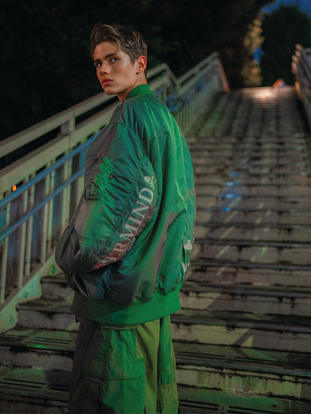 Alpha X Mastermind MA-1 Bomber Jacket by Alpha Industries, black nylon, front zipper closure, ribbed cuffs and hem. Matching pants.