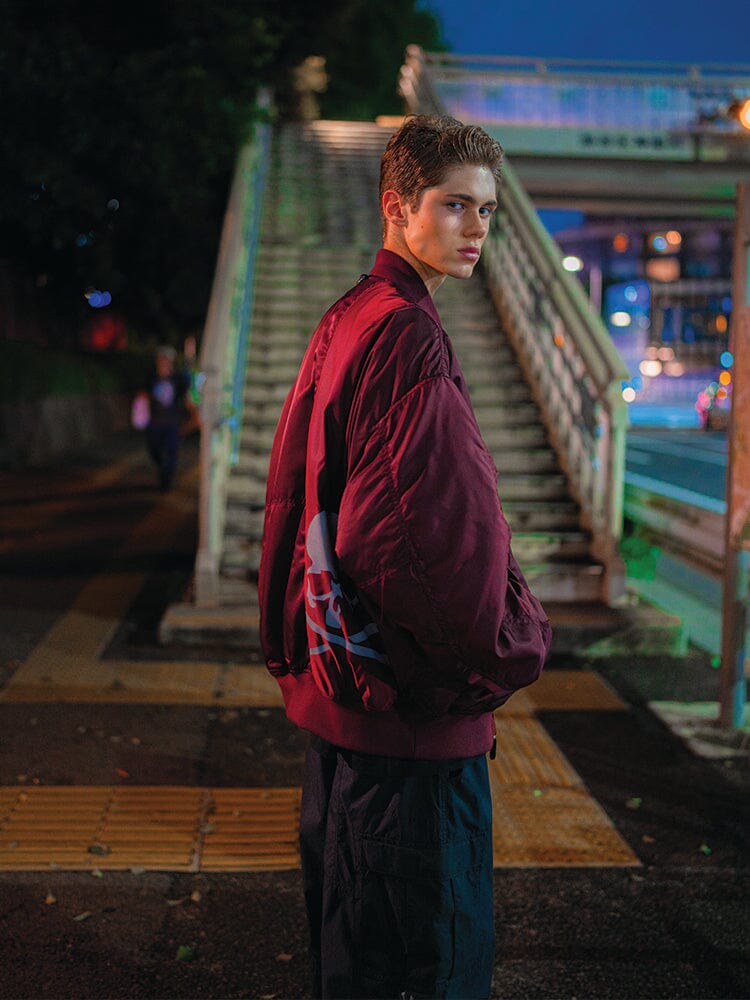 Alpha X Mastermind MA-1 Bomber Jacket by Alpha Industries, black, nylon, front zipper closure, ribbed cuffs and hem, embroidered detailing.