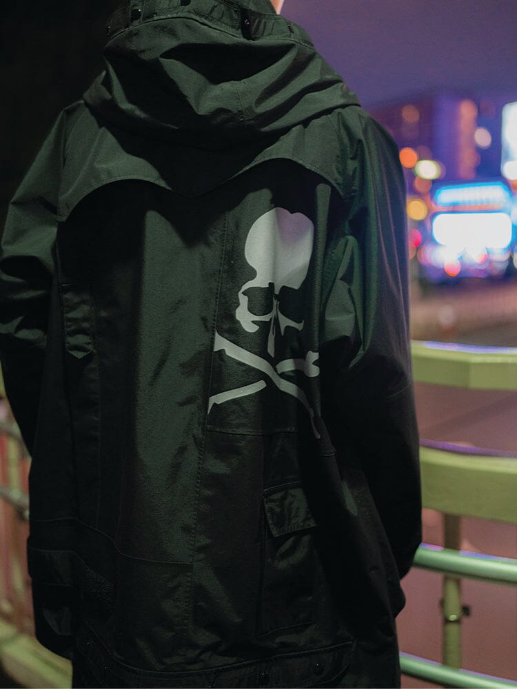Alpha X Mastermind Nylon Hooded Jacket by Alpha Industries, nylon material, white skull and crossbones on back, MA-1 pocket.