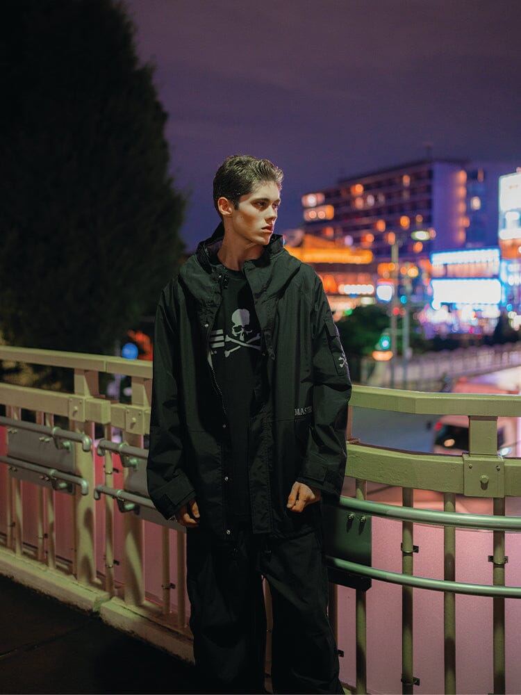 Alpha X Mastermind Nylon Hooded Jacket by Alpha Industries, black nylon, MA-1 details, front zipper closure, hood.