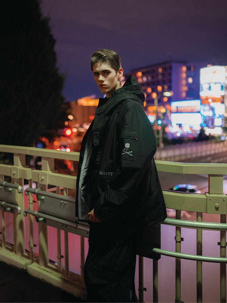 Alpha X Mastermind Nylon Hooded Jacket by Alpha Industries, black nylon, hooded design, front zipper closure.