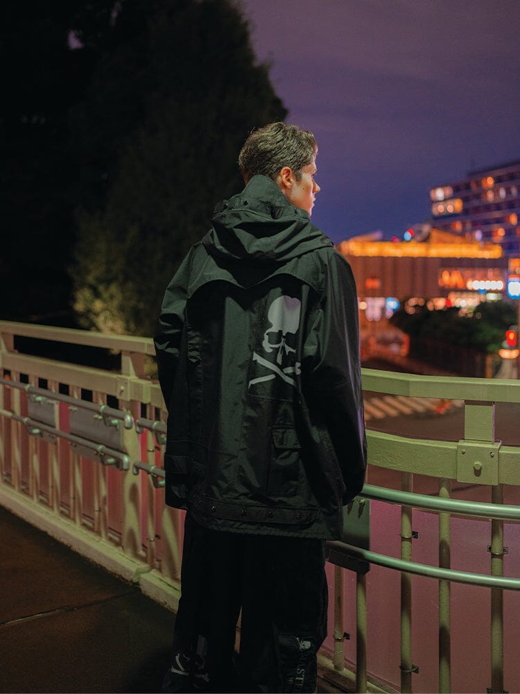 Alpha X Mastermind Nylon Hooded Jacket by Alpha Industries, black nylon, skull graphic.